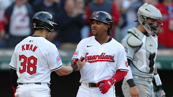 Cleveland Guardians' Jose Ramirez (11) celebrates with teammate Steven Kwan (38) at home after his two-run home run during the Guardians' home opener against the Chicago White Sox on April 8, 2024, in Cleveland, Ohio. Cleveland Guardians' Jose Ramirez (11) celebrates with teammate Steven Kwan (38) at home after his two-run home run during the Guardians' home opener against the Chicago White Sox on April 8, 2024, in Cleveland, Ohio.