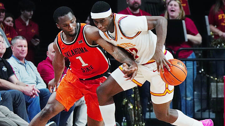 Iowa State Cyclones forward Killyan Toure (27) steals the ball from Oklahoma State Cowboys guard Kanye Clary (1) during the second half in the Big-12 men’s basketball on Jan. 10, 2026, at Hilton Coliseum in Ames, Iowa. Iowa State Cyclones forward Killyan Toure (27) steals the ball from Oklahoma State Cowboys guard Kanye Clary (1) during the second half in the Big-12 men’s basketball on Jan. 10, 2026, at Hilton Coliseum in Ames, Iowa.