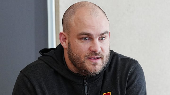 Iowa State offensive line coach Jake Thornton talks to media during a media opportunity at Stark Performance center on Feb. 11, 2026, in Ames, Iowa.