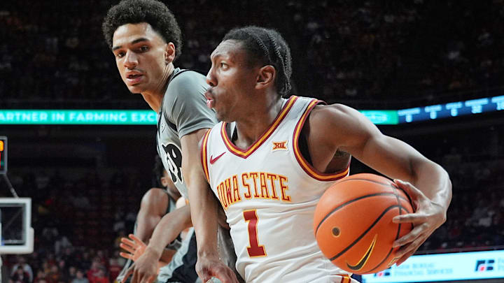 Iowa State Cyclones guard Jamarion Batemon (1) drives with the ball to the basket around Colorado Buffaloes guard/forward Ian Inman (0) during the second half in the Big-12 men’s basketball on Jan. 29, 2026, at Hilton Coliseum in Ames, Iowa.