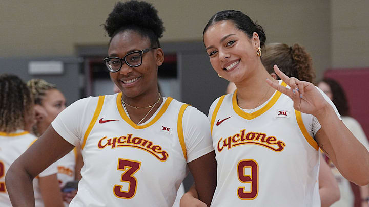 Iowa State Cyclones' Alisa Williams (3) and Lilly Taulelei (9) pose during the university’s women’s basketball media day at Sukup Basketball Complex on Oct. 16, 2025, in Ames, Iowa