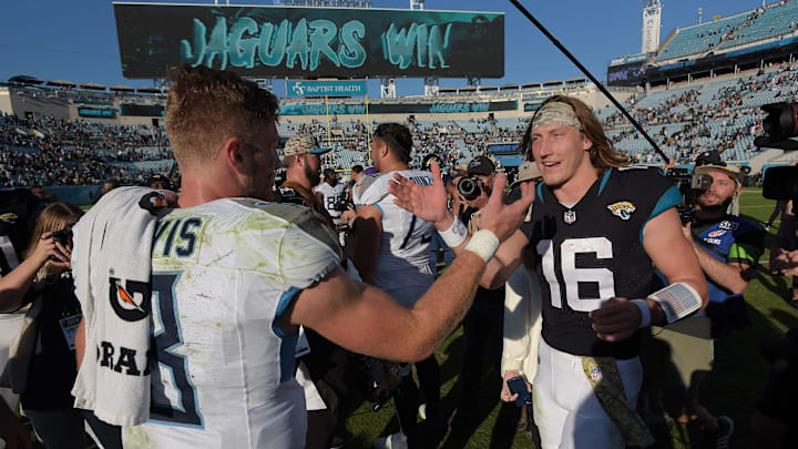 fTennessee Titans quarterback Will Levis (8) greets Jacksonville Jaguars quarterback Trevor Lawrence (16) after the Jaguars victory Sunday. The Jacksonville Jaguars hosted the Tennessee Titans at EverBank Stadium in Jacksonville, FL Sunday, November 19, 2023. The Jaguars led 13 to 0 at the half and walked away with a 34 to 14 win over the Titans. [Bob Self/Florida Times-Union]