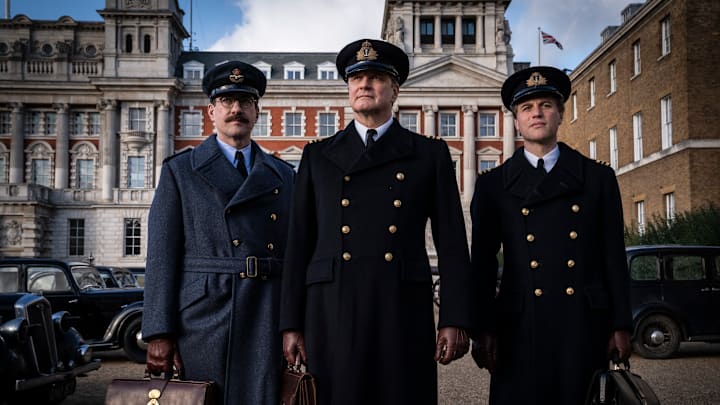 (L to R) Matthew Macfadyen as Charles Cholmondeley, Colin Firth as Ewen Montagu, and Johnny Flynn as Ian Fleming in 'Operation Mincemeat' (2022).
