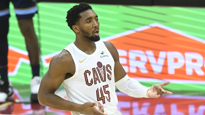 Nov 15, 2025; Cleveland, Ohio, USA; Cleveland Cavaliers guard Donovan Mitchell (45) celebrates his three-point basket in the fourth quarter against the Memphis Grizzlies at Rocket Arena. Mandatory Credit: David Richard-Imagn Images Nov 15, 2025; Cleveland, Ohio, USA; Cleveland Cavaliers guard Donovan Mitchell (45) celebrates his three-point basket in the fourth quarter against the Memphis Grizzlies at Rocket Arena. Mandatory Credit: David Richard-Imagn Images