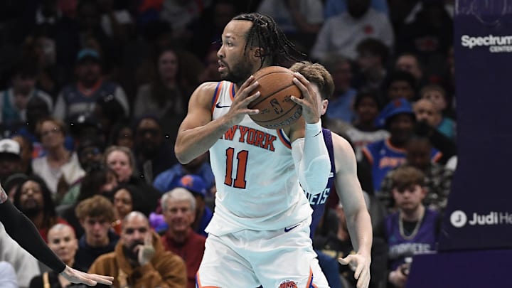 Nov 26, 2025; Charlotte, North Carolina, USA; New York Knicks guard Jalen Brunson (11) looks to pass during the second half against the Charlotte Hornets at the Spectrum Center. Mandatory Credit: Sam Sharpe-Imagn Images