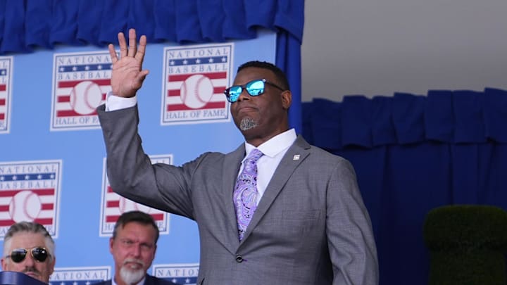 Hall of famer Ken Griffey Jr. is introduced during the 2023 National Baseball Hall of Fame induction ceremony in 2023.