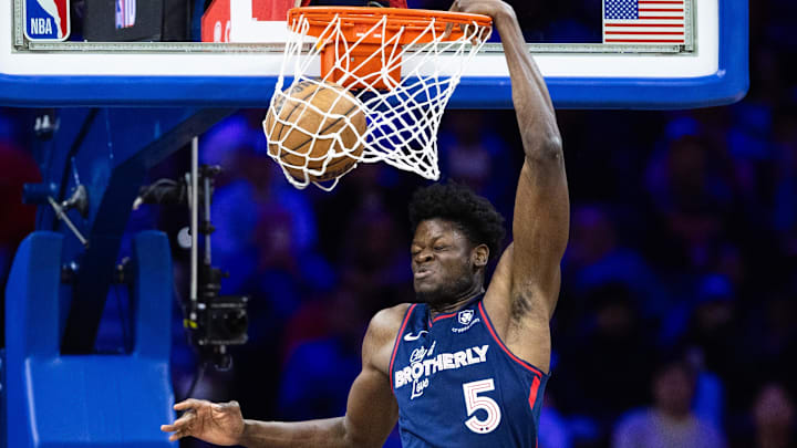 Mar 27, 2024; Philadelphia, Pennsylvania, USA; Philadelphia 76ers center Mo Bamba (5) dunks the ball against the LA Clippers during the third quarter at Wells Fargo Center. Mandatory Credit: Bill Streicher-Imagn Images