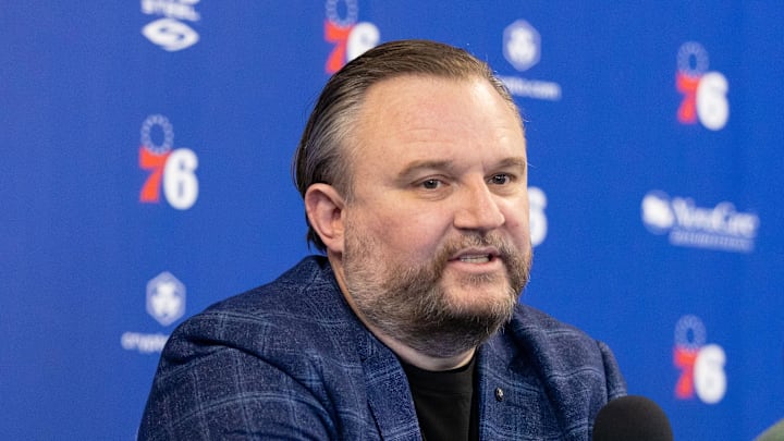 Feb 15, 2022; Camden, NJ, USA; Philadelphia 76ers president of basketball operations Daryl Morey speaks with the media at Philadelphia 76ers Training Complex. Mandatory Credit: Bill Streicher-Imagn Images