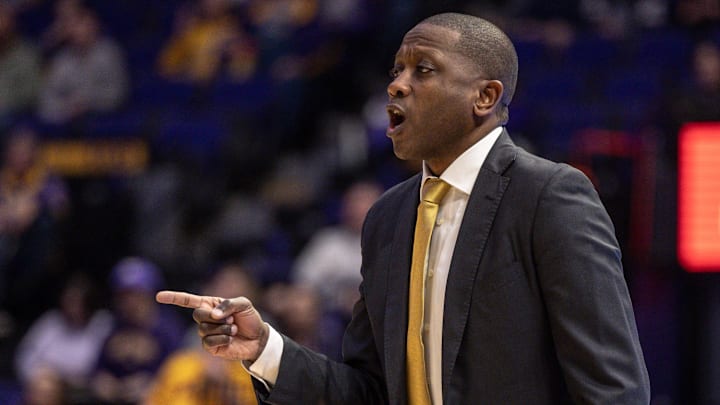 Mar 9, 2024; Baton Rouge, Louisiana, USA; Missouri Tigers head coach Dennis Gates looks on against the LSU Tigers during the first half at Pete Maravich Assembly Center. Mandatory Credit: Stephen Lew-Imagn Images