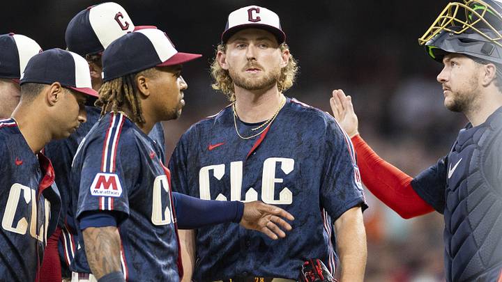 Jun 12, 2026: Cleveland Guardians starting pitcher Tanner Bibee (28) is consoled by third baseman José Ramírez (11) and catcher Patrick Bailey (16) after giving up a home run against the Detroit Tigers during the eighth inning at Progressive Field. 