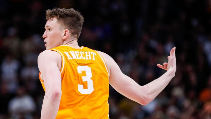 Tennessee guard Dalton Knecht (3) celebrates a three point basket against Purdue during the second half of the NCAA tournament Midwest Regional Elite 8 round at Little Caesars Arena in Detroit on Sunday, March 31, 2024.