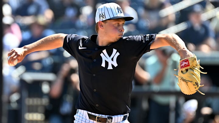 Feb 26, 2025; Tampa, Florida, USA; New York Yankees starting pitcher Will Warren (98) throws a pitch in the first inning against the St. Louis Cardinals during spring training at George M. Steinbrenner Field. Feb 26, 2025; Tampa, Florida, USA; New York Yankees starting pitcher Will Warren (98) throws a pitch in the first inning against the St. Louis Cardinals during spring training at George M. Steinbrenner Field.