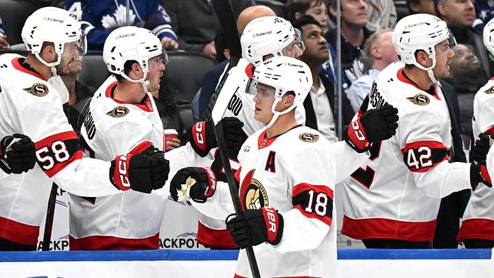 Sep 23, 2026; Toronto, Ontario, CAN;  Ottawa Senators forward Tim Stutzle (18) celebrates with team mates at the bench after scoring a goal against the Toronto Maple Leafs in the first period at Scotiabank Arena.  Mandatory Credit: Dan Hamilton-Imagn Images