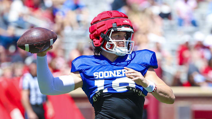Apr 12, 2025; Norman, OK, USA;  Oklahoma Sooners quarterback John Mateer (10) throws during the Crimson Combine at Gaylord Family-Oklahoma Memorial Stadium. Mandatory Credit: Kevin Jairaj-Imagn Images