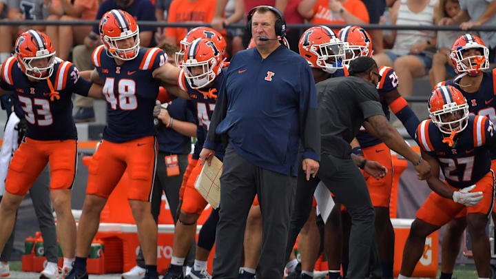 Sep 13, 2025; Champaign, Illinois, USA;  Illinois Fighting Illini head coach Bret Bielema on the sidelines during the first half against the Western Michigan Broncos at Memorial Stadium. Mandatory Credit: Ron Johnson-Imagn Images