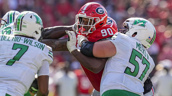 Aug 30, 2025; Athens, Georgia, USA; Georgia Bulldogs defensive lineman Elijah Griffin (90) rushes the passer against the Marshall Thundering Herd at Sanford Stadium. Mandatory Credit: Dale Zanine-Imagn Images