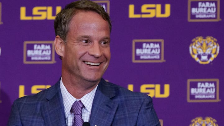 Dec 1, 2025; Baton Rouge, LA, USA; LSU new head coach Lane Kiffin speaks at South Stadium Club at Tiger Stadium. Mandatory Credit: Matthew Hinton-Imagn Images