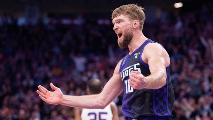 Apr 12, 2024; Sacramento, California, USA; Sacramento Kings forward Domantas Sabonis (10) reacts to a call during the fourth quarter at Golden 1 Center. Mandatory Credit: Ed Szczepanski-USA TODAY Sports