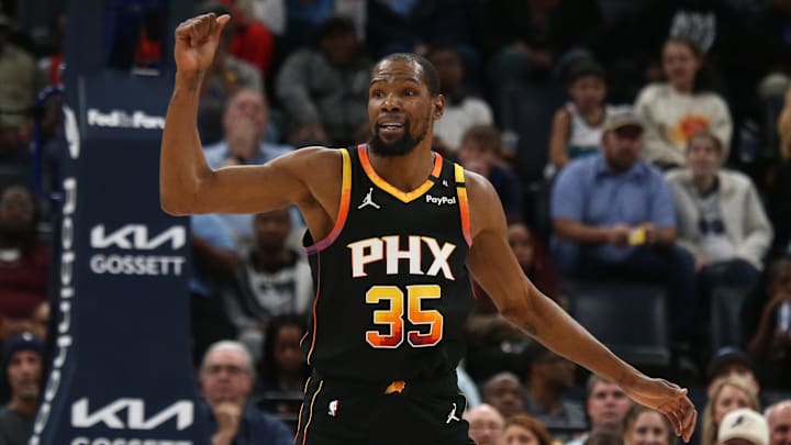 Mar 10, 2025; Memphis, Tennessee, USA; Phoenix Suns forward Kevin Durant (35) reacts during the fourth quarter against the Memphis Grizzlies at FedExForum. Mandatory Credit: Petre Thomas-Imagn Images