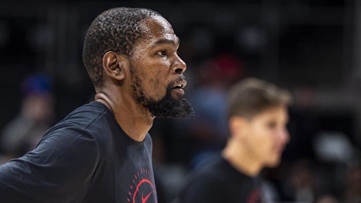 Oct 16, 2025; Atlanta, Georgia, USA; Houston Rockets forward Kevin Durant (7) warms up prior to the game against the Atlanta Hawks at State Farm Arena. Mandatory Credit: Dale Zanine-Imagn Images