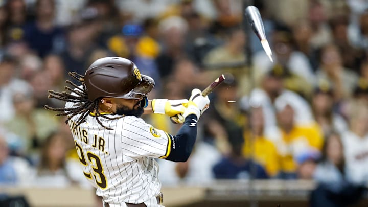 San Diego Padres right fielder Fernando Tatis Jr. (23) hits a broken bat single during the sixth inning against the Colorado Rockies at Petco Park.