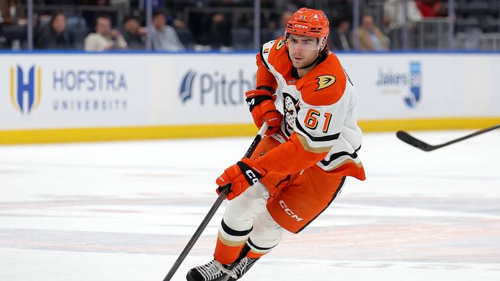 Dec 11, 2025; Elmont, New York, USA; Anaheim Ducks left wing Cutter Gauthier (61) skates with the puck against the New York Islanders during the first period at UBS Arena. Mandatory Credit: Brad Penner-Imagn Images