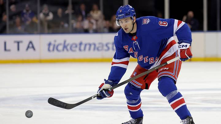 Mar 2, 2026; New York, New York, USA; New York Rangers defenseman Vincent Iorio (6) plays the puck against the Columbus Blue Jackets during the second period at Madison Square Garden. Mandatory Credit: Brad Penner-Imagn Images