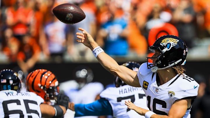 Sep 14, 2025; Cincinnati, Ohio, USA; Jacksonville Jaguars quarterback Trevor Lawrence (16) throws a pass against the Cincinnati Bengals in the first half at Paycor Stadium. Mandatory Credit: Katie Stratman-Imagn Images