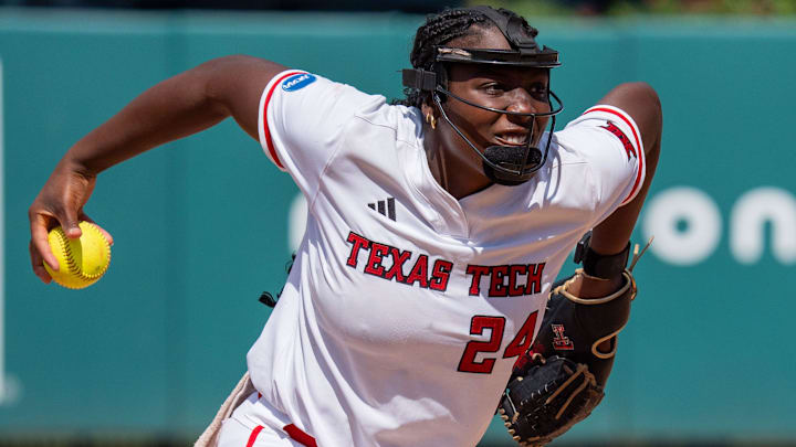 Texas Tech Red Raiders pitcher NiJaree Canady (24) winds up to pitch. The Texas Tech Red Raiders defeated the Florida State Seminoles 2-1 in the NCAA WCWS Super Regionals on Friday, May 23, 2025.