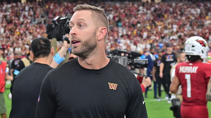 Sep 29, 2024; Glendale, Arizona, USA; Washington Commanders offensive coordinator Kliff Kingsbury reacts after beating the Arizona Cardinals at State Farm Stadium. Mandatory Credit: Matt Kartozian-Imagn Images Sep 29, 2024; Glendale, Arizona, USA; Washington Commanders offensive coordinator Kliff Kingsbury reacts after beating the Arizona Cardinals at State Farm Stadium. Mandatory Credit: Matt Kartozian-Imagn Images