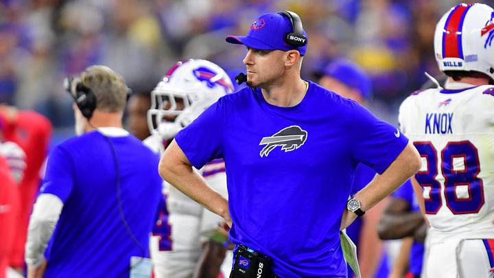 Oct. 12, 2026; Inglewood, California, USA;  Buffalo Bills' head coach Joe Brady looks on during the fourth quarter against the Los Angeles Rams at SoFi Stadium. 