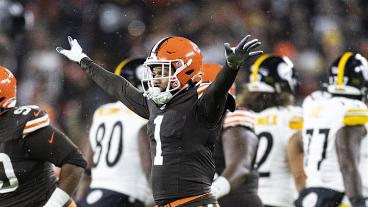 Nov 21, 2024; Cleveland, Ohio, USA; Cleveland Browns safety Juan Thornhill (1) celebrates a missed field goal by the Pittsburgh Steelers during the first quarter at Huntington Bank Field Stadium. Mandatory Credit: Scott Galvin-Imagn Images