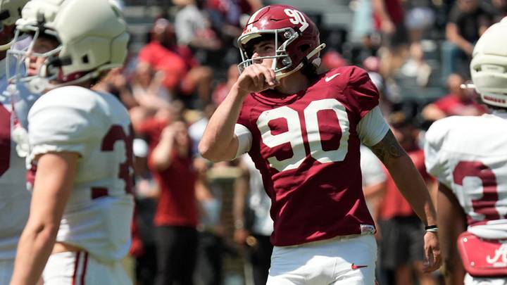 April 11, 2026; Tuscaloosa, AL, USA; Alabama Crimson Tide kicker Lorcan Quinn (90) connects for one of several field goals at Bryant-Denny Stadium during the Alabama A Day scrimmage.