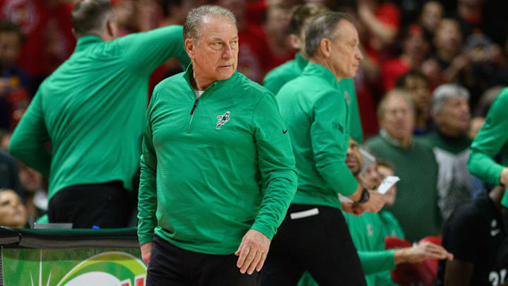 Feb 26, 2025; College Park, Maryland, USA; Michigan State Spartans head coach Tom Izzo reacts during the first half against the Maryland Terrapins at Xfinity Center. Mandatory Credit: Reggie Hildred-Imagn Images