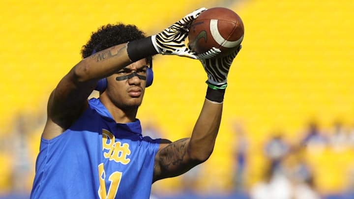 Sep 18, 2021; Pittsburgh, Pennsylvania, USA; Pittsburgh Panthers wide receiver Jaden Bradley (81) warms up before the game against the Western Michigan Broncos at Heinz Field. Mandatory Credit: Charles LeClaire-USA TODAY Sports Sep 18, 2021; Pittsburgh, Pennsylvania, USA; Pittsburgh Panthers wide receiver Jaden Bradley (81) warms up before the game against the Western Michigan Broncos at Heinz Field. Mandatory Credit: Charles LeClaire-USA TODAY Sports