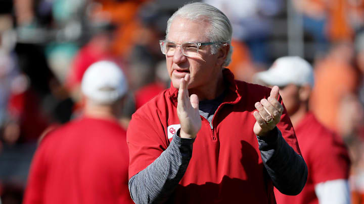 Oklahoma defensive coordinator Ted Roof before the Red River Rivalry college football game between the University of Oklahoma Sooners (OU) and the University of Texas (UT) Longhorns at the Cotton Bowl in Dallas, Saturday, Oct. 7, 2023. Oklahoma won 34-30.