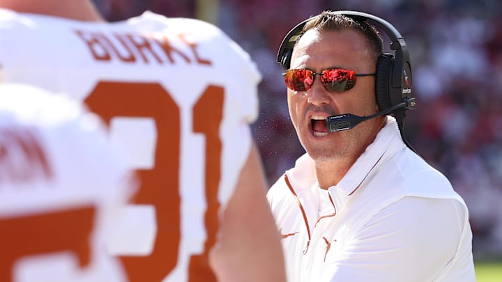 Nov 16, 2024; Fayetteville, Arkansas, USA; Texas Longhorns head coach Steve Sarkisian reacts during the first half against the Arkansas Razorbacks at Donald W. Reynolds Razorback Stadium. Mandatory Credit: Nelson Chenault-Imagn Images Nov 16, 2024; Fayetteville, Arkansas, USA; Texas Longhorns head coach Steve Sarkisian reacts during the first half against the Arkansas Razorbacks at Donald W. Reynolds Razorback Stadium. Mandatory Credit: Nelson Chenault-Imagn Images