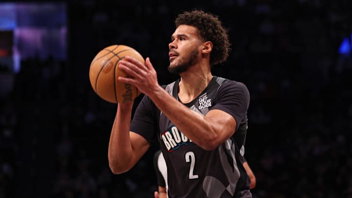 Mar 24, 2025; Brooklyn, New York, USA; Brooklyn Nets forward Cameron Johnson (2) shoots the ball during the first half against the Dallas Mavericks at Barclays Center. Mandatory Credit: Vincent Carchietta-Imagn Images