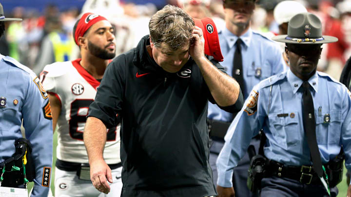 Georgia coach Kirby Smart reacts after losing the SEC Championship game against Alabama at Mercedes-Benz Stadium in Atlanta, on Saturday, Dec. 2, 2023. Alabama won 27-24.