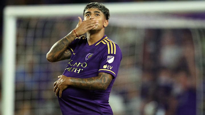 Feb 25, 2023; Orlando, Florida, USA; Orlando City SC midfielder Facundo Torres (17) reacts after