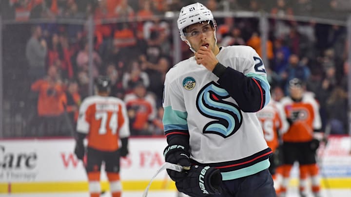 Feb 10, 2024; Philadelphia, Pennsylvania, USA; Seattle Kraken center Alex Wennberg (21) skates off