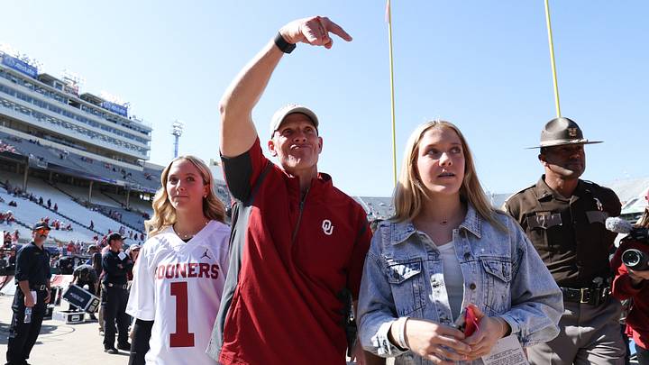 Oct 7, 2023; Dallas, Texas, USA; Oklahoma Sooners head coach Brent Venables celebrates with fans after the win against the Texas Longhorns at the Cotton Bowl. Mandatory Credit: Kevin Jairaj-USA TODAY Sports Oct 7, 2023; Dallas, Texas, USA; Oklahoma Sooners head coach Brent Venables celebrates with fans after the win against the Texas Longhorns at the Cotton Bowl. Mandatory Credit: Kevin Jairaj-USA TODAY Sports