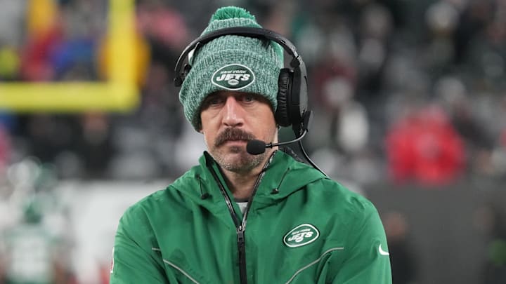 East Rutherford, NJ     December 3, 2023 -- Aaron Rodgers of the Jets on the sidelines, late in the second half. The Atlanta Falcons topped the NY Jets 13-8 at MetLife Stadium on December 3, 2023 in East Rutherford, NJ.
