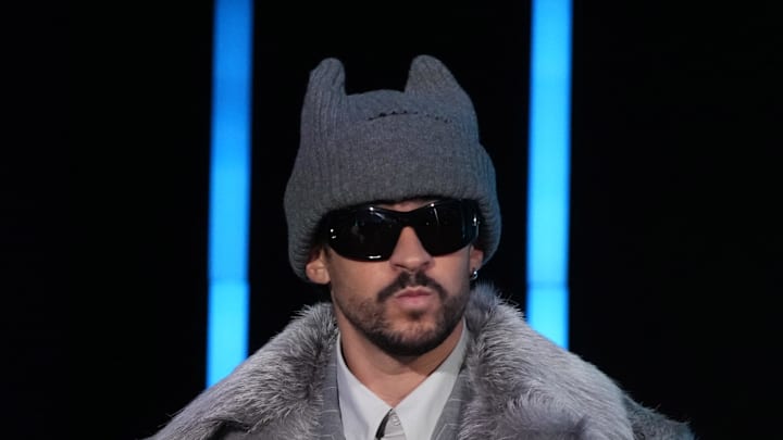 Bad Bunny during the Super Bowl LX halftime show press conference