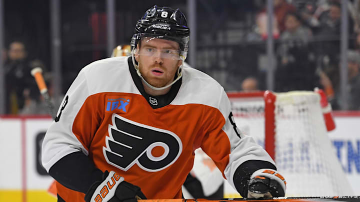 Feb 6, 2025; Philadelphia, Pennsylvania, USA; Philadelphia Flyers defenseman Cam York (8) against the Washington Capitals at Wells Fargo Center. Mandatory Credit: Eric Hartline-Imagn Images