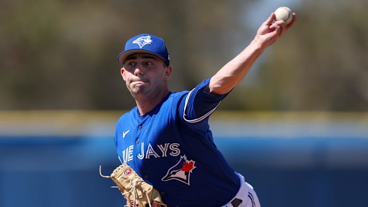 Feb 22, 2023; Dunedin, FL, USA; Toronto Blue Jays pitcher Brandon Eisert (79) participates in spring workouts at the Blue Jays Player Development Complex. Feb 22, 2023; Dunedin, FL, USA; Toronto Blue Jays pitcher Brandon Eisert (79) participates in spring workouts at the Blue Jays Player Development Complex.