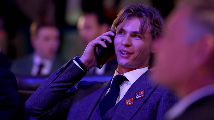 Jun 26, 2026; Buffalo, New York, USA; Gavin McKenna reacts after being selected with the first pick in the first round of the 2026 NHL Draft by the Toronto Maple Leafs at KeyBank Center. Mandatory Credit: Timothy T. Ludwig-Imagn Images