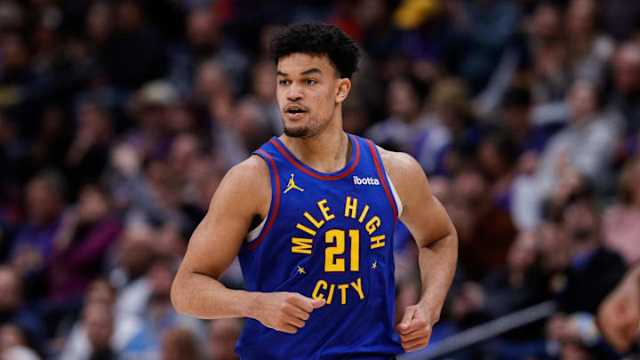 Dec 1, 2025; Denver, Colorado, USA; Denver Nuggets forward Spencer Jones (21) in the fourth quarter against the Dallas Mavericks at Ball Arena. Mandatory Credit: Isaiah J. Downing-Imagn Images