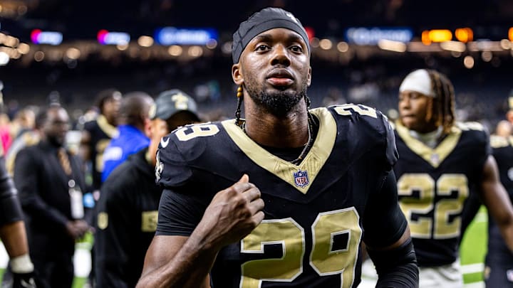 Sep 8, 2024; New Orleans, Louisiana, USA; New Orleans Saints cornerback Paulson Adebo (29) heads to the locker room after the game against the Carolina Panthers at Caesars Superdome. Mandatory Credit: Stephen Lew-Imagn Images