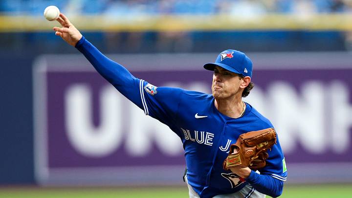 Aug 20, 2026; St. Petersburg, Florida, USA; Toronto Blue Jays starting pitcher Shane Bieber (57) throws a pitch against the Tampa Bay Rays in the third inning at Tropicana Field. Mandatory Credit: Nathan Ray Seebeck-Imagn Images